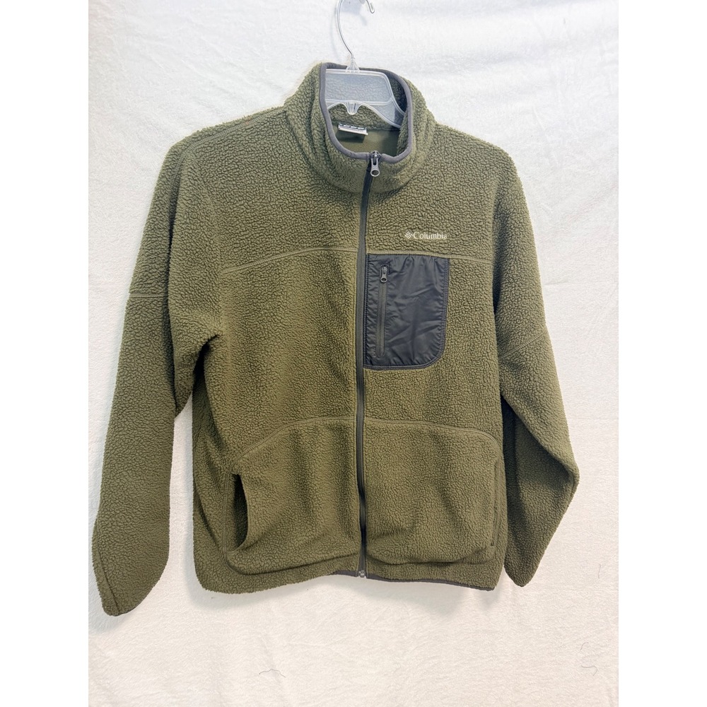 Columbia Mens Olive Green Sherpa Fleece Full Zip Jacket Large Mock Neck Pocket